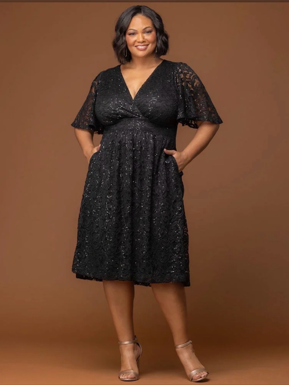 Kiyonna Black Starry Sequined Lace Cocktail Dress Woman’s Plus Size 2X (18-20)
